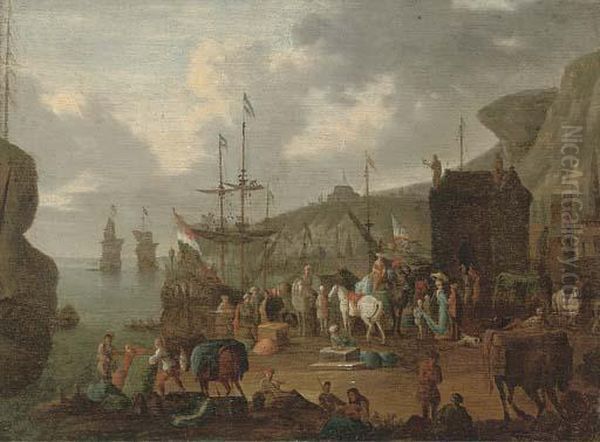 A Mediterranean Harbour Oil Painting by Jean Baptist Van Der Meiren