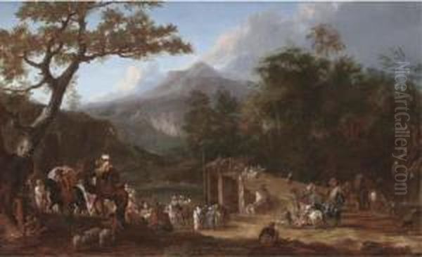 A Turkish Caravan In An Extensive Mountainous Landscape Oil Painting by Jean Baptist Van Der Meiren