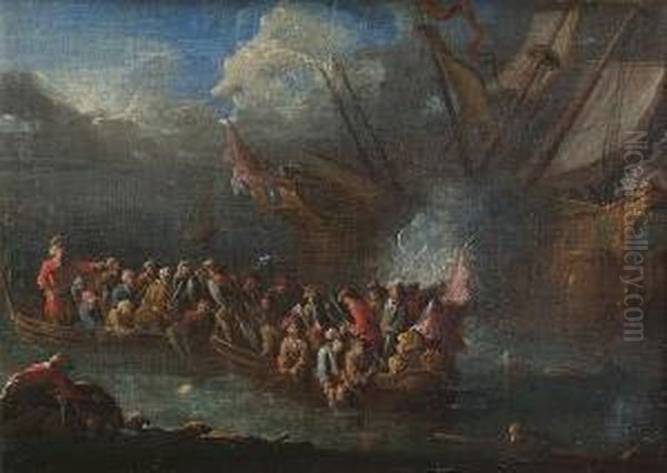 Sailors Escaping From A Burning Ship Oil Painting by Jean Baptist Van Der Meiren