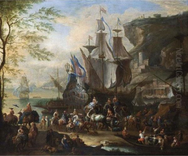 A Mediterranean Harbour Scene 
With Figures Unloading Merchantmen, Together With Horsemen, An Elephant,
 Dromedaries And A Ferry In The Foreground, A View Of A Town In The 
Background Oil Painting by Jean Baptist Van Der Meiren