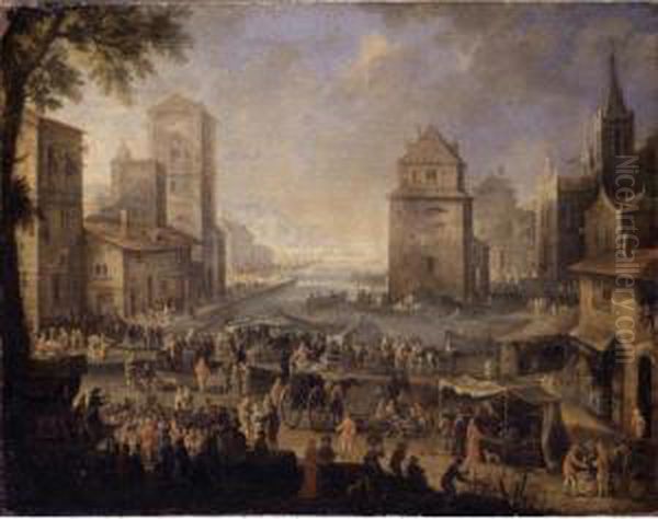 Harbor Scene With Merchants And Elegant Figures At A Market Oil Painting by Jean Baptist Van Der Meiren