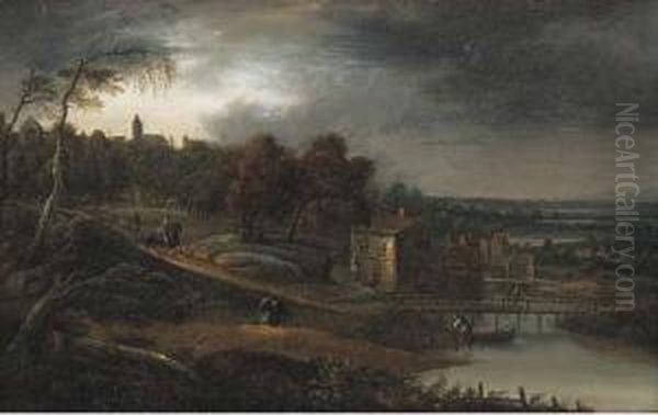 A River Landscape With Travellers Near A Town Oil Painting by Jean Baptist Van Der Meiren