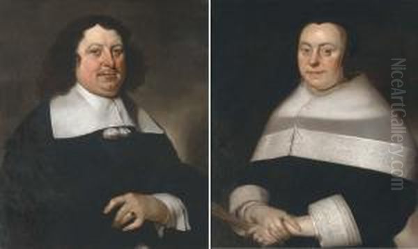 Portrait Of A Gentleman, 
Half-length, In A Back Coat; And Portrait Of A Lady, Half-length, In A 
Black Dress Holding A Fan Oil Painting by Jacob Fransz. Van Der Merck