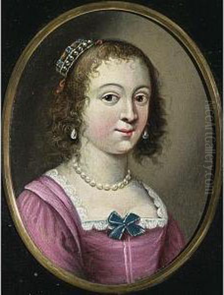 A Portrait Of A Lady, Bust Length, Wearing A Pink Dress With Pearl Jewellery And Bonnet Oil Painting by Jacob Fransz. Van Der Merck