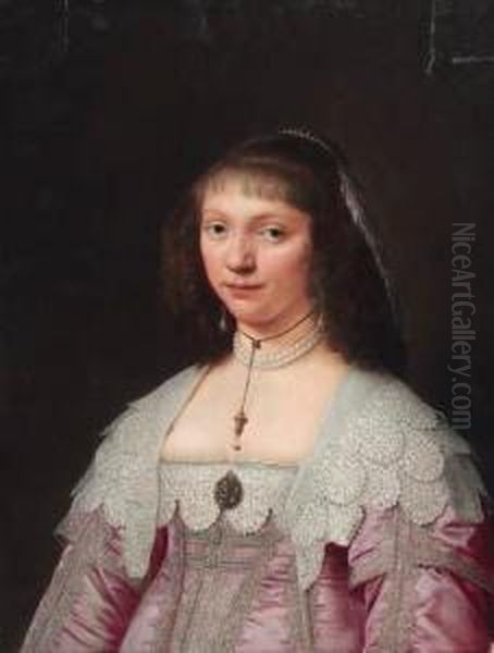 Portrait Of A Lady, Bust-length,
 In A Crimson Silk Embroidereddress With Lace Trimmings And A Pearl 
Necklace Oil Painting by Jacob Fransz. Van Der Merck