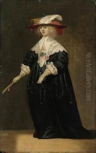 Portrait Of A Lady, Small 
Full-length, In A Black Dress And Afeathered Hat, Holding A Fan Oil Painting by Jacob Fransz. Van Der Merck