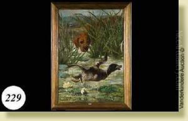 Chien Traquant Le Canard Oil Painting by Edmond Van Der Meulen