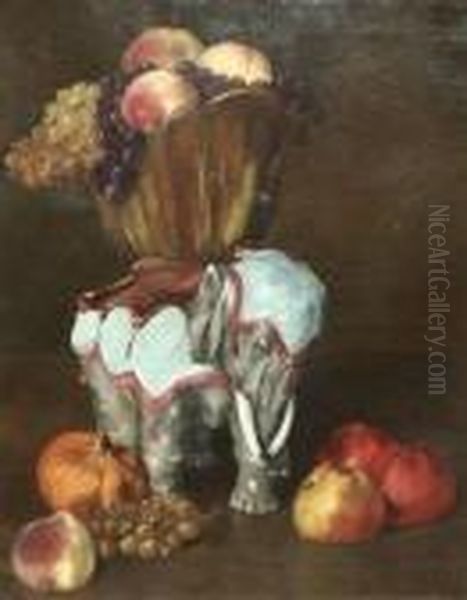 Still Life Of Fruit Bowl On A Porcelain Elephant by Edmond Van Der Meulen