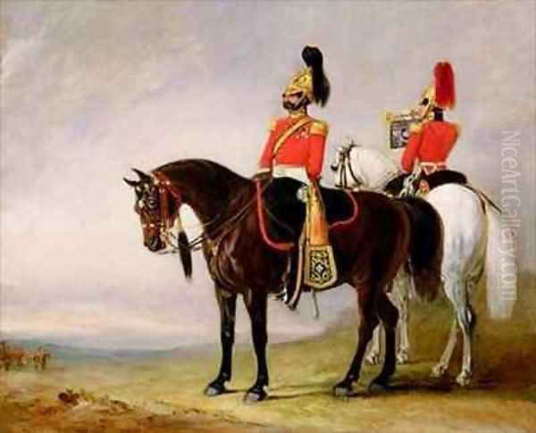 Colonel James Charles Chatterton 1792-1874 the 4th Royal Irish Dragoon Guards on his Charger accompanied by his Trumpete Oil Painting by John Jnr. Ferneley