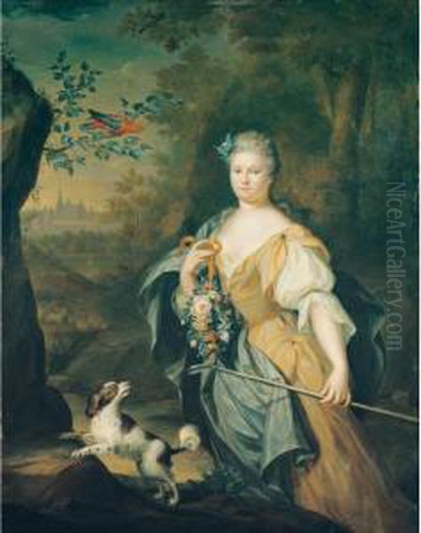 Portrait Of A Lady, 
Three-quarter Length, Standing In A Wooded Landscape With A Spaniel And A
 Perroquet In A Tree Nearby Oil Painting by Hieronymus Van Der My