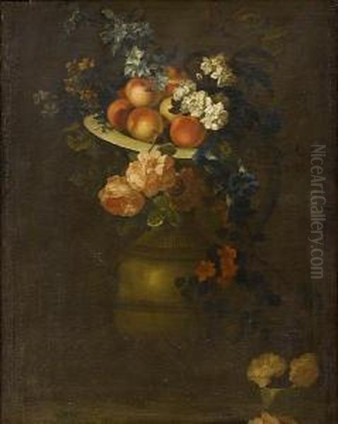 A Dish Of Peaches On A Stone Urn With Roses, Convolvulus, Narcissi And Other Flowers Oil Painting by Heroman Van Der Mijn