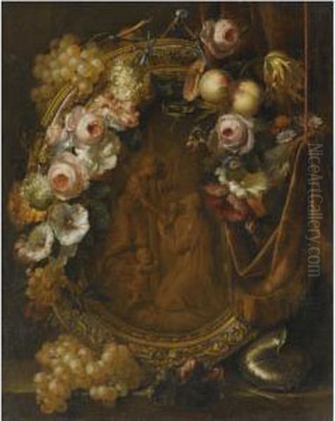 Still Life With A Garland Of 
Fruit And Flowers Adorning A Bronzerelief Of The Agony In The Garden Oil Painting by Heroman Van Der Mijn