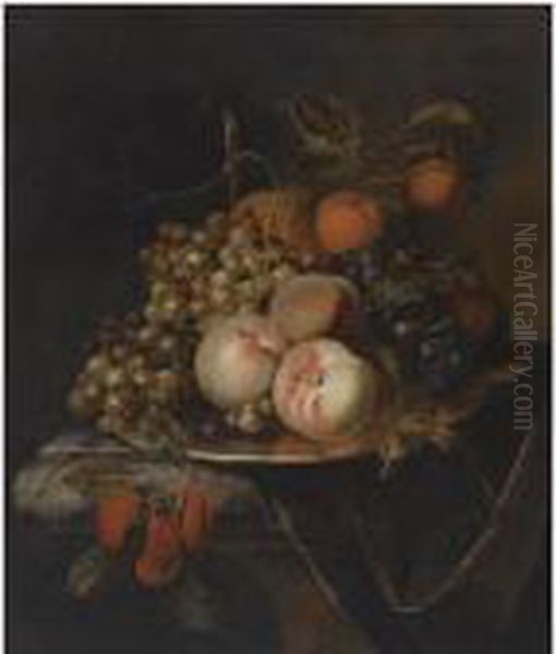 A Still Life Of Blue And White 
Grapes, Peaches, Plums, A Pear And Apomegranate, All On A Pewter 
Platter, On A Marble Drapedledge Oil Painting by Heroman Van Der Mijn