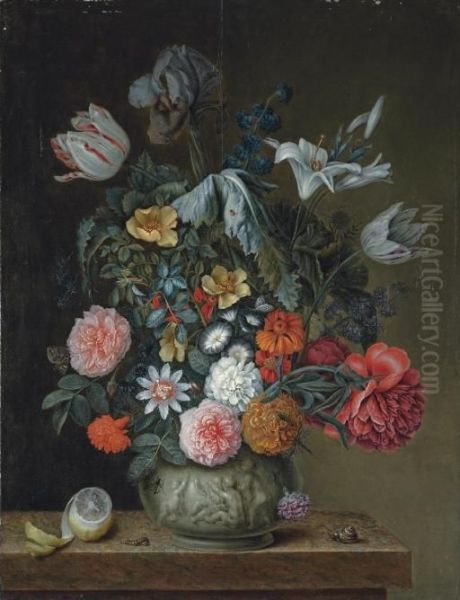 Roses, Tulips, Lilies, An Iris 
And Other Flowers In A Porcelain Vase On A Stone Ledge, With 
Partly-peeled Lemon, A Snail And Other Insects Oil Painting by Heroman Van Der Mijn