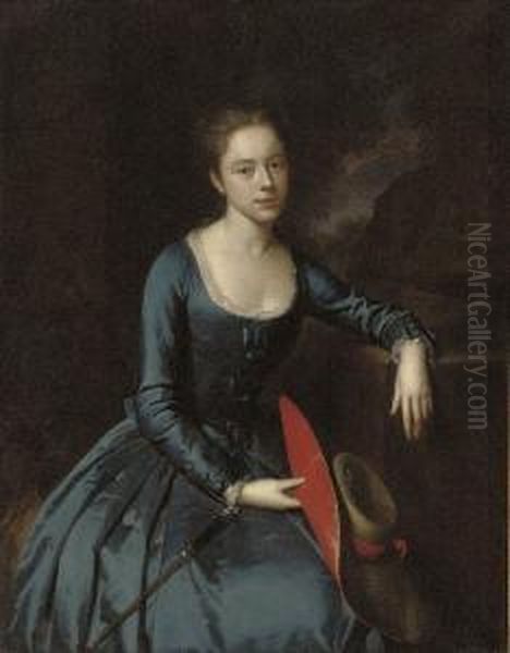 Portrait Of A Lady, Seated, 
Three-quarter-length, In A Blue Satin Riding Habit, Holding A Straw 
Bonnet With Red Silk Trim In Her Right Hand, With A Riding Crop In Her 
Lap, In A Landscape Oil Painting by Heroman Van Der Mijn