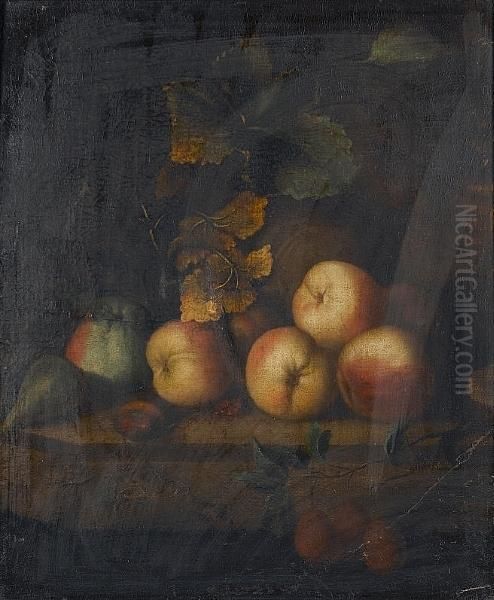 Peaches And A Fig With Plums On A Table Top Oil Painting by Heroman Van Der Mijn