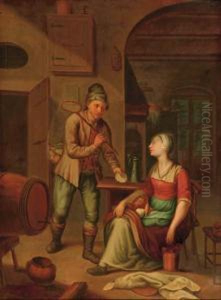 A Fisherman Presenting A Shell To A Maid Oil Painting by Heroman Van Der Mijn