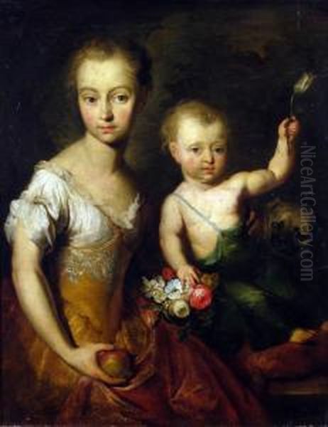 Noble Children And Pug, She Sits
 Holding An Apple And Bunch Of Flowers, The Boy With White Tulip Oil Painting by Heroman Van Der Mijn