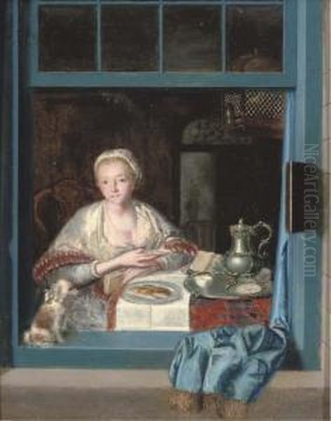 A Lady Sitting At A Table With A Dog Oil Painting by Heroman Van Der Mijn