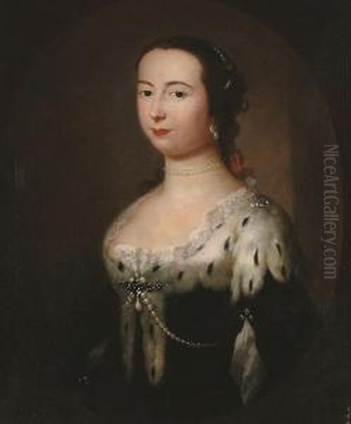 Portrait Of An Elegant Lady, 
Bust-length, Wearing An Ermine Fur Fastened With A Pearl Brooch, In A 
Painted Oval. Oil Painting by Heroman Van Der Mijn