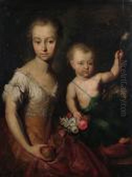 A Double Portrait Of A Girl And A
 Boy Seated With A Pug, The Girl Wearing A Yellow Dress, Holding An 
Apple, The Boy Holding A Tulip Oil Painting by Heroman Van Der Mijn