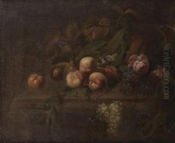 Peaches, Figs, Grapes, Vine Leaves And Roses On A Ledge Oil Painting by Heroman Van Der Mijn