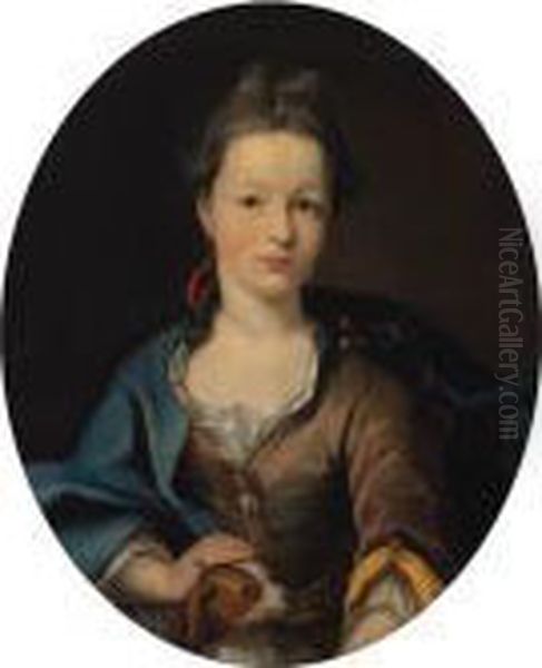 Portrait Of A Lady, Half-length,
 In A Gold Silk Dress And Bluecloak, With A Spaniel On Her Lap Oil Painting by Heroman Van Der Mijn