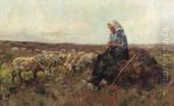 A Shepherdess And Flock In A Heath Landscape Oil Painting by Willem Van Der Nat