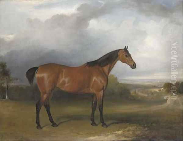 A bay hunter in a landscape with figures and horses by a path in the distance and a town beyond Oil Painting by John Jnr. Ferneley