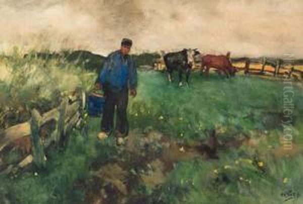 Milking Time Oil Painting by Willem Van Der Nat