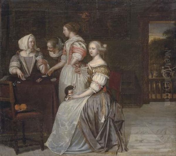 Elegant Company Playing Cards In An Interior Oil Painting by Eglon Hendrick Van Der Neer