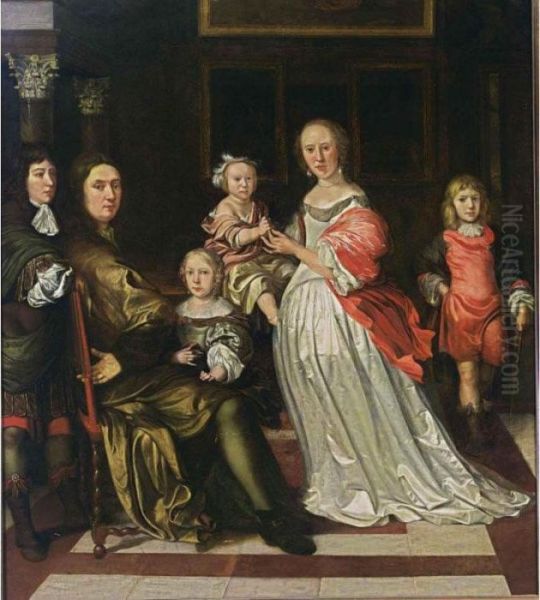 A Family Portrait Of A Gentleman And His Wife With Their Four Children In An Interior Oil Painting by Eglon Hendrick Van Der Neer