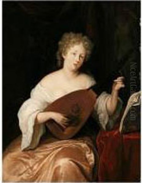 A Young Woman Seated, Playing A Lute Oil Painting by Eglon Hendrick Van Der Neer