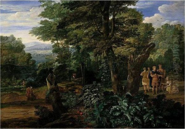 A Wooded River Landscape With Semiramis Receiving The Crown Of The King Of Assyria Oil Painting by Eglon Hendrick Van Der Neer