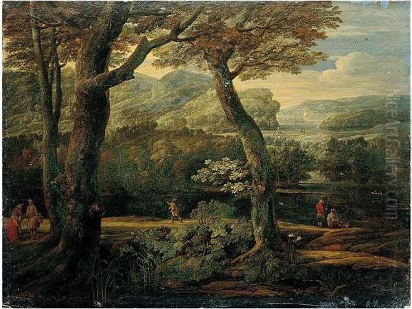 A Wooded River Landscape With Two Men Fishing, A Traveller, And Two Figures Conversing Oil Painting by Eglon Hendrick Van Der Neer