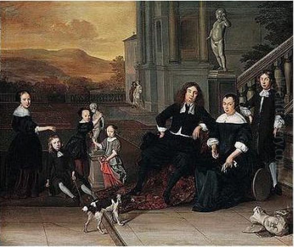 A Portrait Of A Family Group On A
 Terrace By An Elegant House, Possibly A Self-portrait With His Family Oil Painting by Eglon Hendrick Van Der Neer