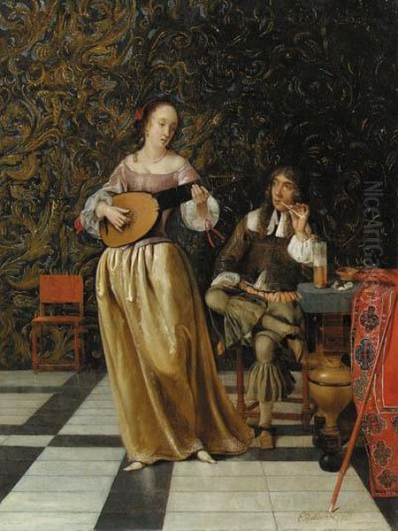 A Lady Playing A Lute With A Gentleman Seated At A Table In Aninterior Oil Painting by Eglon Hendrick Van Der Neer