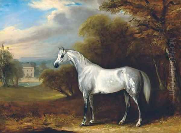 A grey Arabian in a landscape, with the south front of Hollin Hall, North Yorkshire beyond Oil Painting by John Jnr. Ferneley