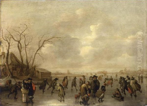 A Winter Landscape With Skaters,
 Figures Playing Kolf And A Boy On A Sleigh On A Frozen River, A 
Farmhouse To The Left Oil Painting by Adriaen Lievensz van der Poel