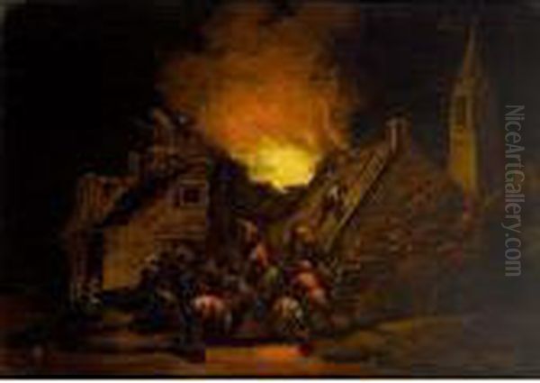 A Town House On Fire With Villagers Trying To Rescue Oil Painting by Adriaen Lievensz van der Poel