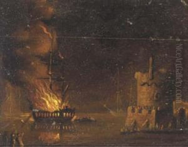 A Ship On Fire, By Night Oil Painting by Adriaen Lievensz van der Poel