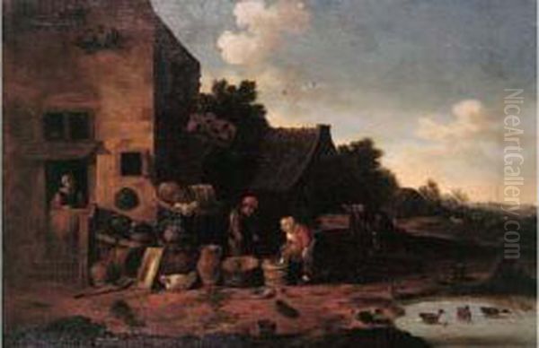 Paysans Pres D'une Chaumiere Oil Painting by Adriaen Lievensz van der Poel