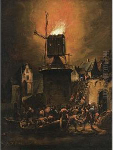 A Burning Mill At Night Oil Painting by Adriaen Lievensz van der Poel