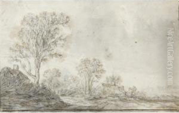 Landscape With Cottages By Tall Trees Towards The Left, Figures To The Right Oil Painting by Cornelis Symonsz. Van Der Schalcke