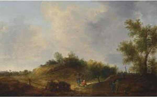 A Dune Landscape With Travellers Resting Near A Farmhouse Oil Painting by Cornelis Symonsz. Van Der Schalcke