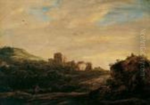 Dunenlandschaft Mit Fernem Torbogen Und Turm. Links Vorn Ein Mann Mit Ruckenlast. Oil Painting by Cornelis Symonsz. Van Der Schalcke