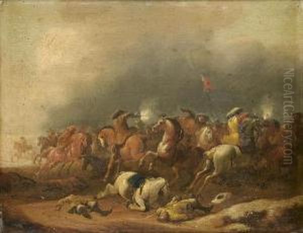 A Cavalry Skirmish On A Country Path Oil Painting by Jan Jacobsz. Van Der Stoffe