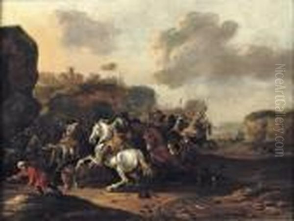 A Cavalry Skirmish In A Rocky Italianate Landscape Oil Painting by Jan Jacobsz. Van Der Stoffe