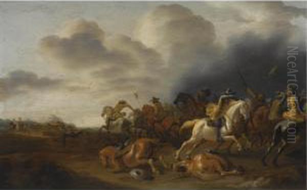 A Cavalry Battle Scene Oil Painting by Jan Jacobsz. Van Der Stoffe