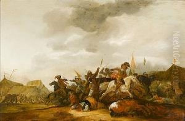 A Calvary Skirmish Before A Military Encampment Oil Painting by Jan Jacobsz. Van Der Stoffe